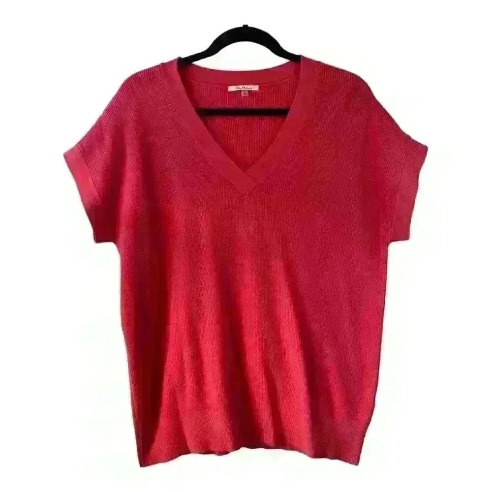 Vila Milanis‎ Women's Hot Pink Short Sleeved V Neck Pullover Sweater Size Large